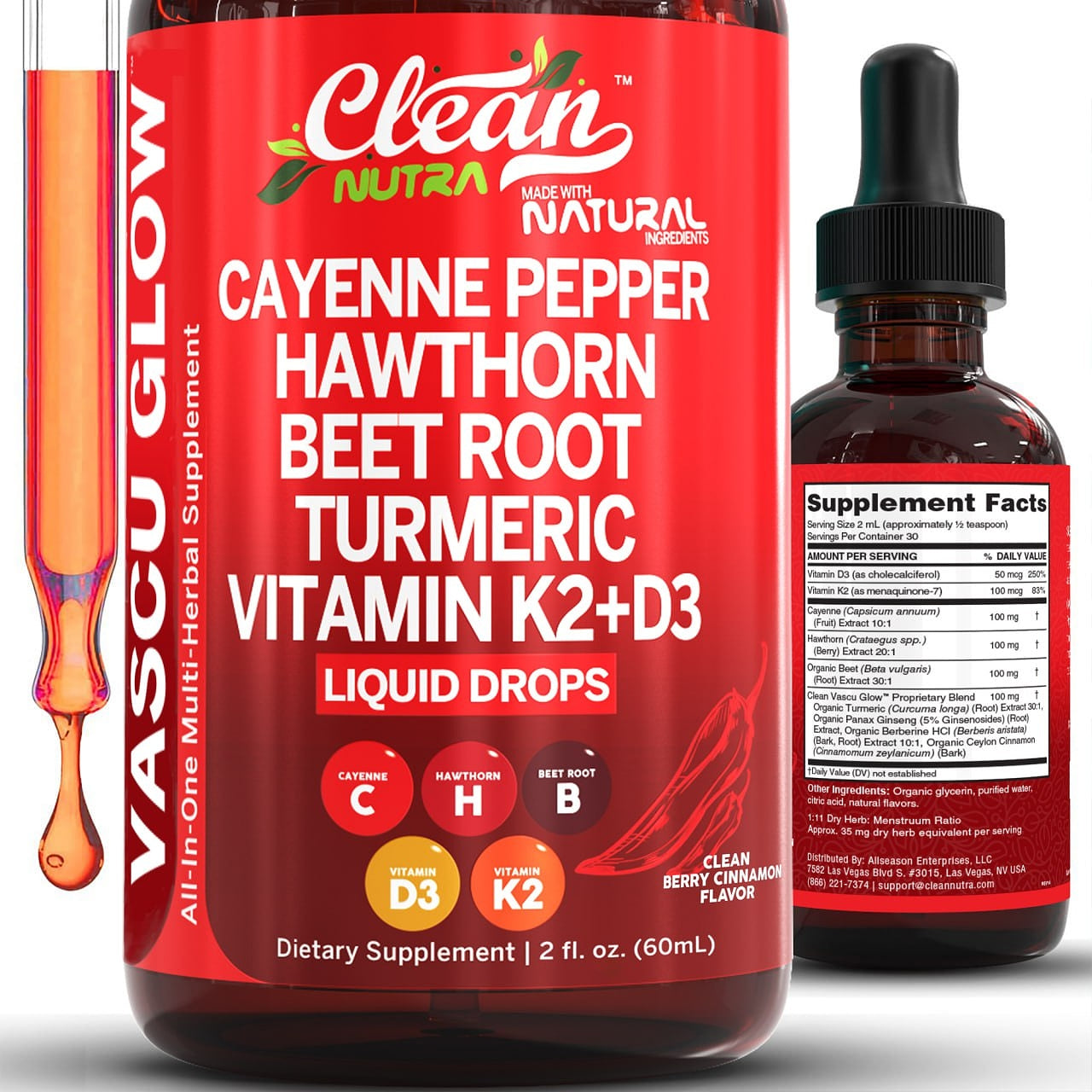 Clean Nutra Cayenne Pepper Drops Supplement Liquid + Hawthorn Berry, Vitamin D3 K2 Beet Root Powder, Ceylon Cinnamon, Turmeric Curcumin, Organic Panax Ginseng, Berberine Extract 1 Pack