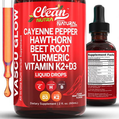 Clean Nutra Cayenne Pepper Drops Supplement Liquid + Hawthorn Berry, Vitamin D3 K2 Beet Root Powder, Ceylon Cinnamon, Turmeric Curcumin, Organic Panax Ginseng, Berberine Extract 1 Pack