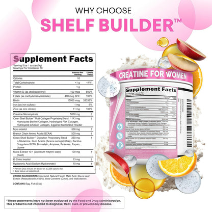 Creatine for Women | Creatine Monohydrate + BCAA Powder Myo-Inositol Collagen Biotin Hyaluronic Acid Folate L Glutamine Vitamin D3 Iron Zinc D-Chiro-Maca Digestion Shelf Builder by Clean Nutra