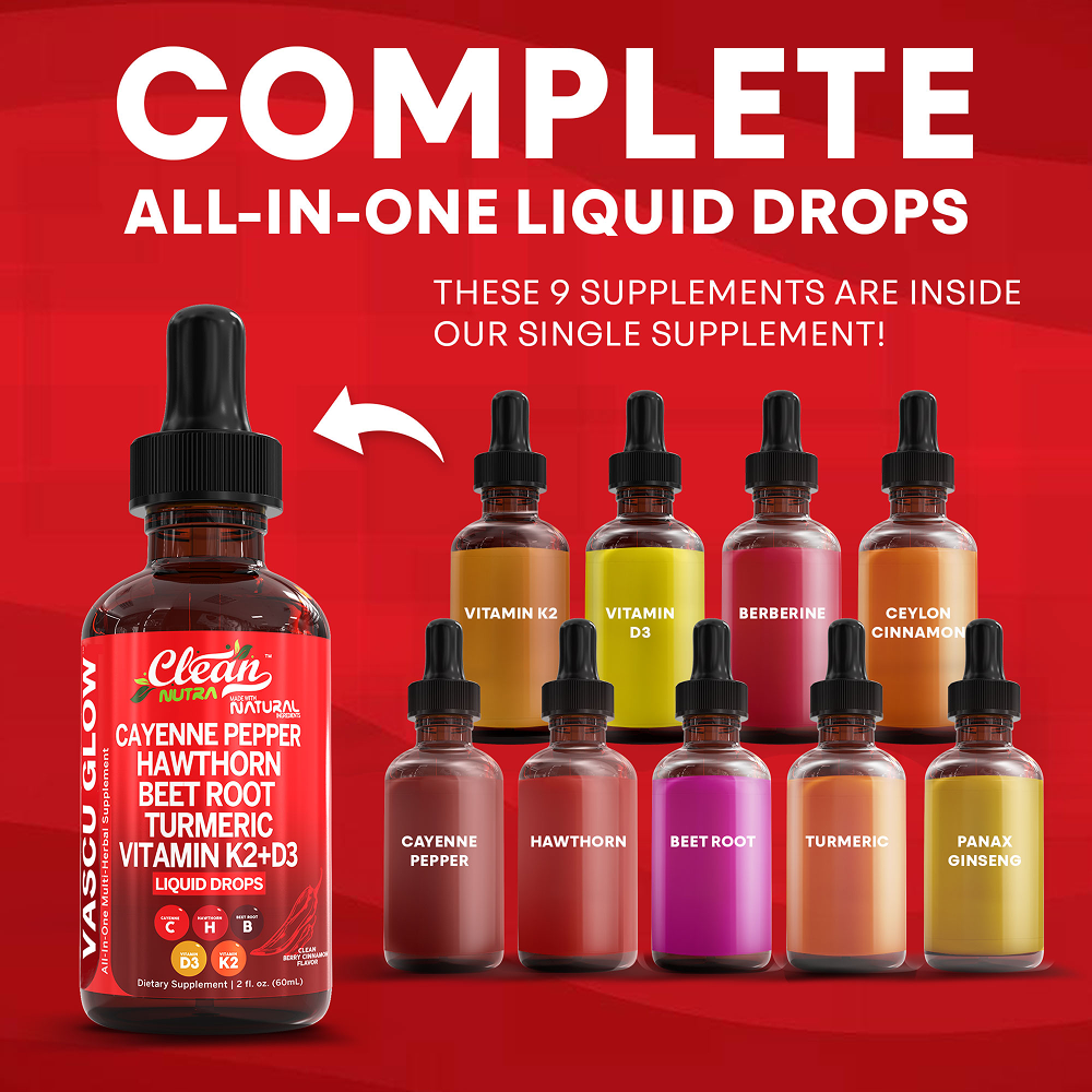 Clean Nutra Cayenne Pepper Drops Supplement Liquid + Hawthorn Berry, Vitamin D3 K2 Beet Root Powder, Ceylon Cinnamon, Turmeric Curcumin, Organic Panax Ginseng, Berberine Extract 1 Pack