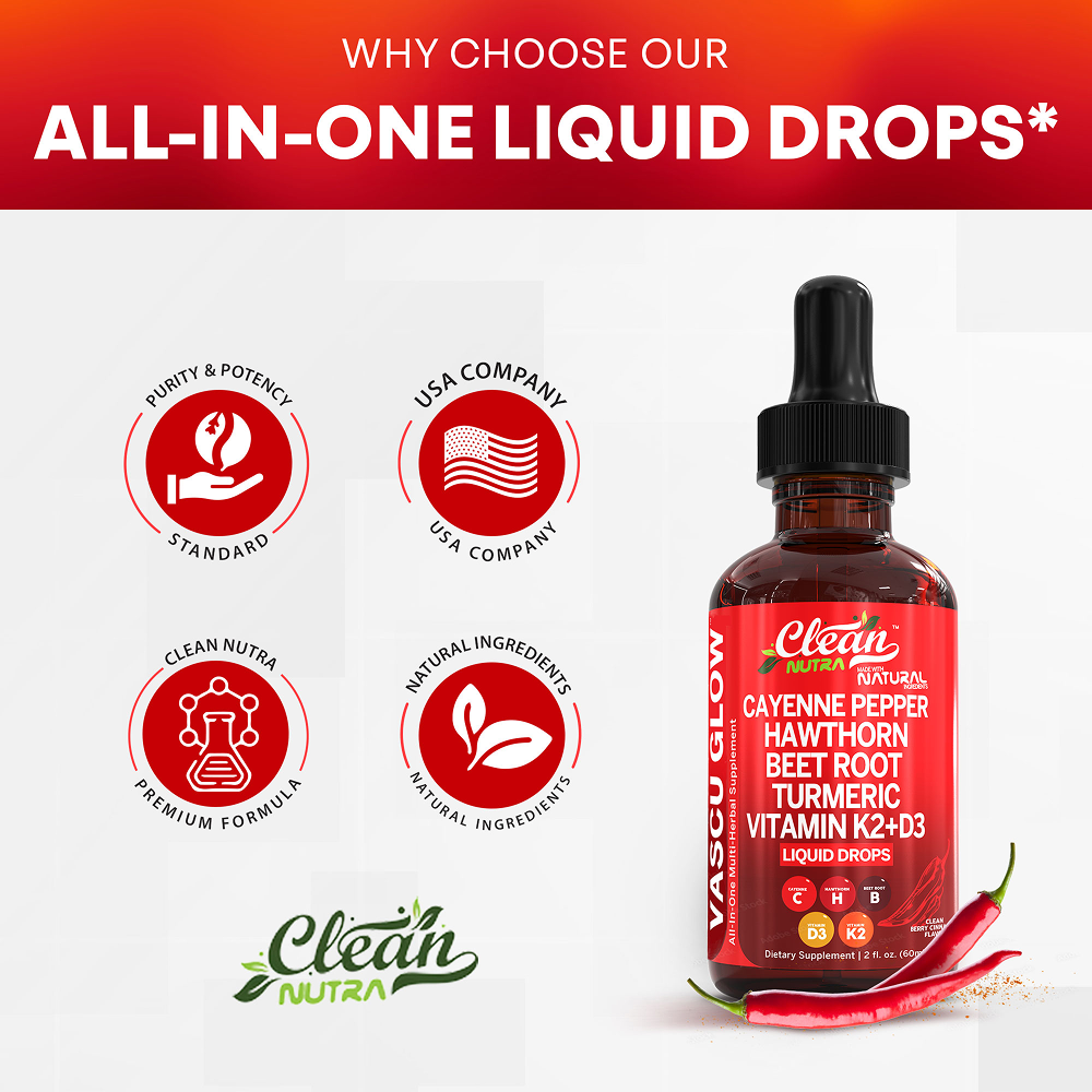Clean Nutra Cayenne Pepper Drops Supplement Liquid + Hawthorn Berry, Vitamin D3 K2 Beet Root Powder, Ceylon Cinnamon, Turmeric Curcumin, Organic Panax Ginseng, Berberine Extract 1 Pack