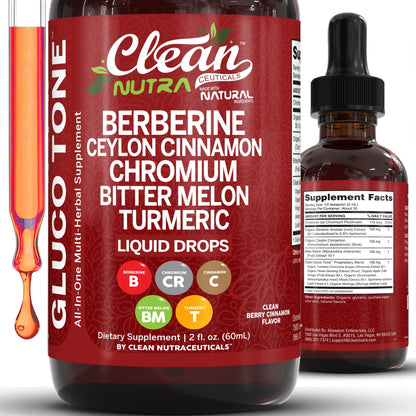 Clean Nutra Berberine with Ceylon Cinnamon Supplement Liquid Drops + Bitter Melon Extract, Glucomannan, Gymnema, Chromium, Turmeric, Organic Panax Ginseng, Moringa GLP-1 Support