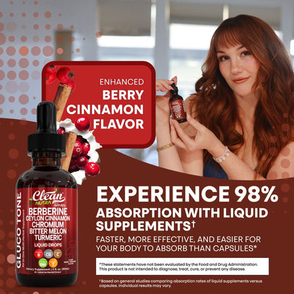 Clean Nutra Berberine with Ceylon Cinnamon Supplement Liquid Drops + Bitter Melon Extract, Glucomannan, Gymnema, Chromium, Turmeric, Organic Panax Ginseng, Moringa GLP-1 Support