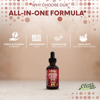 Clean Nutra Berberine with Ceylon Cinnamon Supplement Liquid Drops + Bitter Melon Extract, Glucomannan, Gymnema, Chromium, Turmeric, Organic Panax Ginseng, Moringa GLP-1 Support