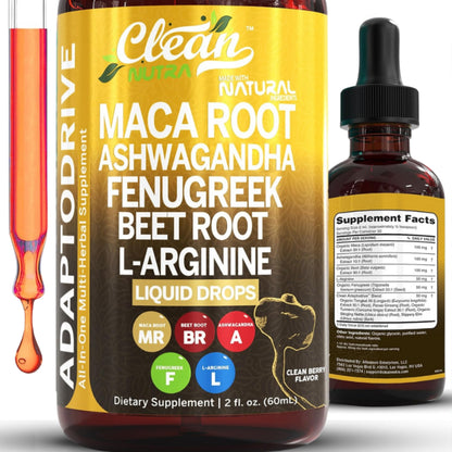 Clean Nutra Organic Maca Root Liquid Drops with Ashwagandha, Fenugreek, Beet Root and L-Arginine Liquid Multivitamin for Women and Men - Adapto Drive