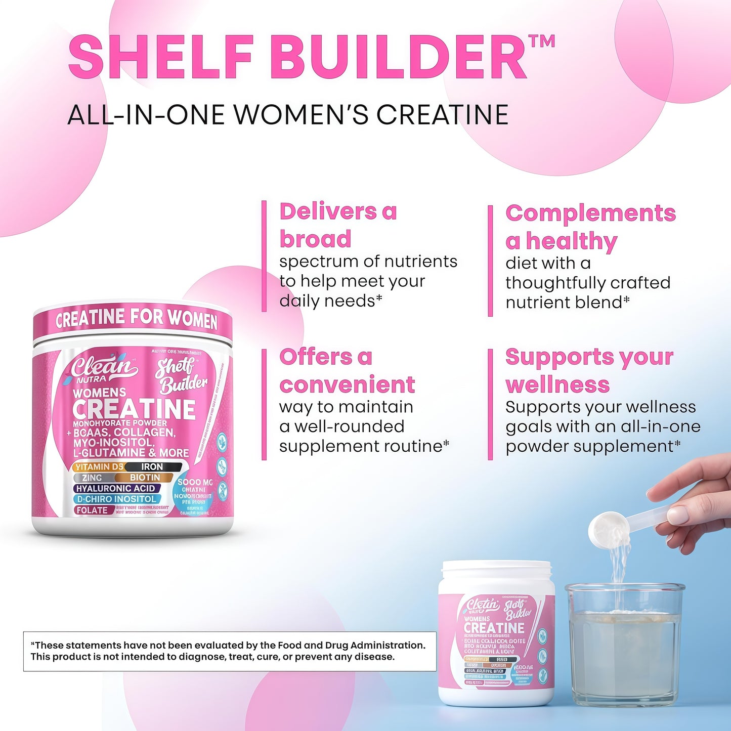 Creatine for Women | Creatine Monohydrate + BCAA Powder Myo-Inositol Collagen Biotin Hyaluronic Acid Folate L Glutamine Vitamin D3 Iron Zinc D-Chiro-Maca Digestion Shelf Builder by Clean Nutra