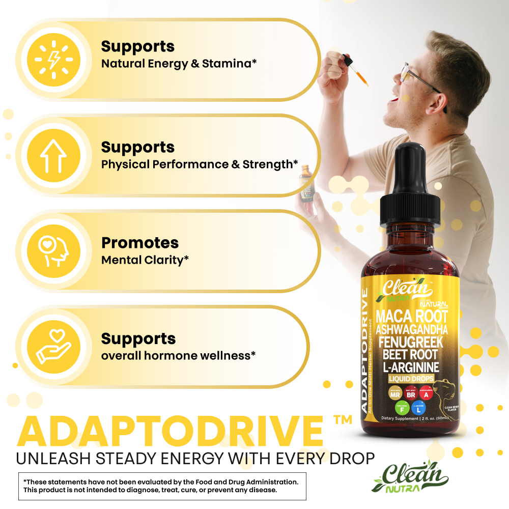 Clean Nutra Organic Maca Root Liquid Drops with Ashwagandha, Fenugreek, Beet Root and L-Arginine Liquid Multivitamin for Women and Men - Adapto Drive