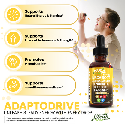 Clean Nutra Organic Maca Root Liquid Drops with Ashwagandha, Fenugreek, Beet Root and L-Arginine Liquid Multivitamin for Women and Men - Adapto Drive