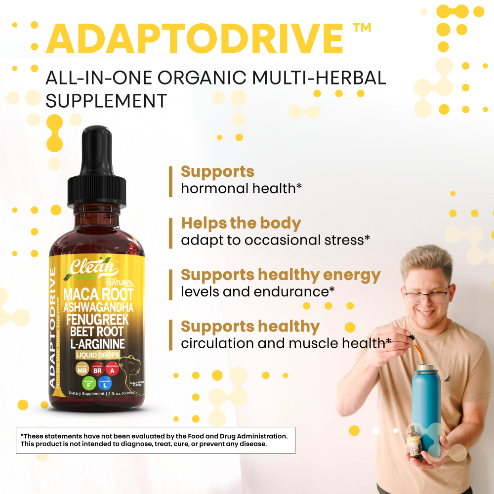 Clean Nutra Organic Maca Root Liquid Drops with Ashwagandha, Fenugreek, Beet Root and L-Arginine Liquid Multivitamin for Women and Men - Adapto Drive