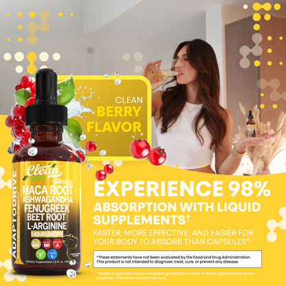 Clean Nutra Organic Maca Root Liquid Drops with Ashwagandha, Fenugreek, Beet Root and L-Arginine Liquid Multivitamin for Women and Men - Adapto Drive