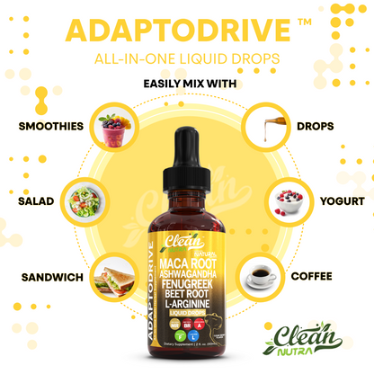 Clean Nutra Organic Maca Root Liquid Drops with Ashwagandha, Fenugreek, Beet Root and L-Arginine Liquid Multivitamin for Women and Men - Adapto Drive