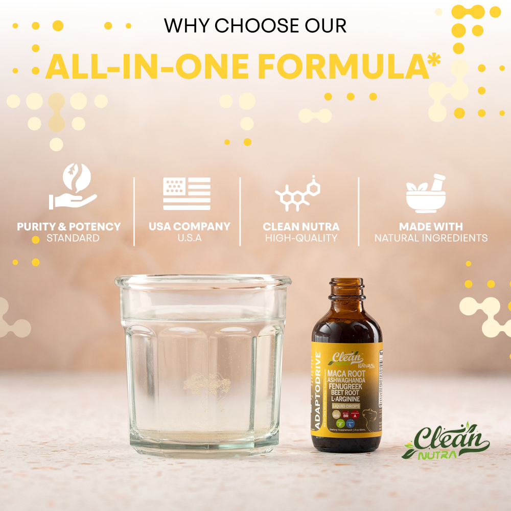 Clean Nutra Organic Maca Root Liquid Drops with Ashwagandha, Fenugreek, Beet Root and L-Arginine Liquid Multivitamin for Women and Men - Adapto Drive