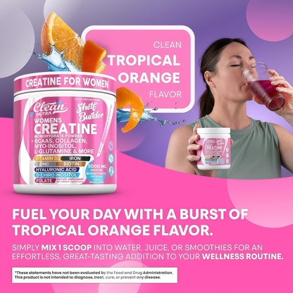 Creatine for Women | Creatine Monohydrate + BCAA Powder Myo-Inositol Collagen Biotin Hyaluronic Acid Folate L Glutamine Vitamin D3 Iron Zinc D-Chiro-Maca Digestion Shelf Builder by Clean Nutra