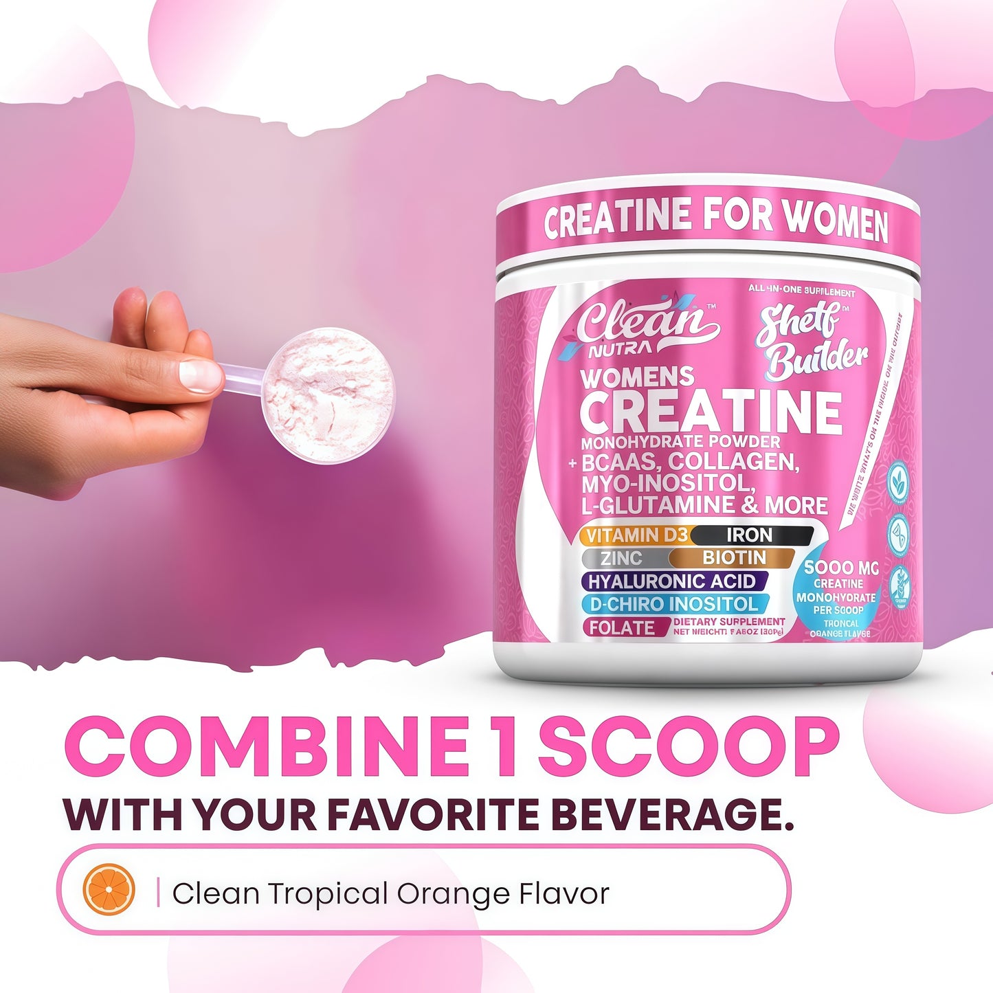 Creatine for Women | Creatine Monohydrate + BCAA Powder Myo-Inositol Collagen Biotin Hyaluronic Acid Folate L Glutamine Vitamin D3 Iron Zinc D-Chiro-Maca Digestion Shelf Builder by Clean Nutra