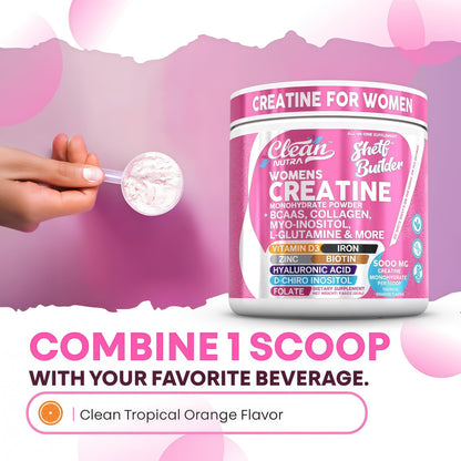Creatine for Women | Creatine Monohydrate + BCAA Powder Myo-Inositol Collagen Biotin Hyaluronic Acid Folate L Glutamine Vitamin D3 Iron Zinc D-Chiro-Maca Digestion Shelf Builder by Clean Nutra