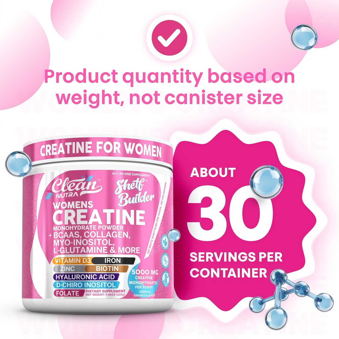Creatine for Women | Creatine Monohydrate + BCAA Powder Myo-Inositol Collagen Biotin Hyaluronic Acid Folate L Glutamine Vitamin D3 Iron Zinc D-Chiro-Maca Digestion Shelf Builder by Clean Nutra
