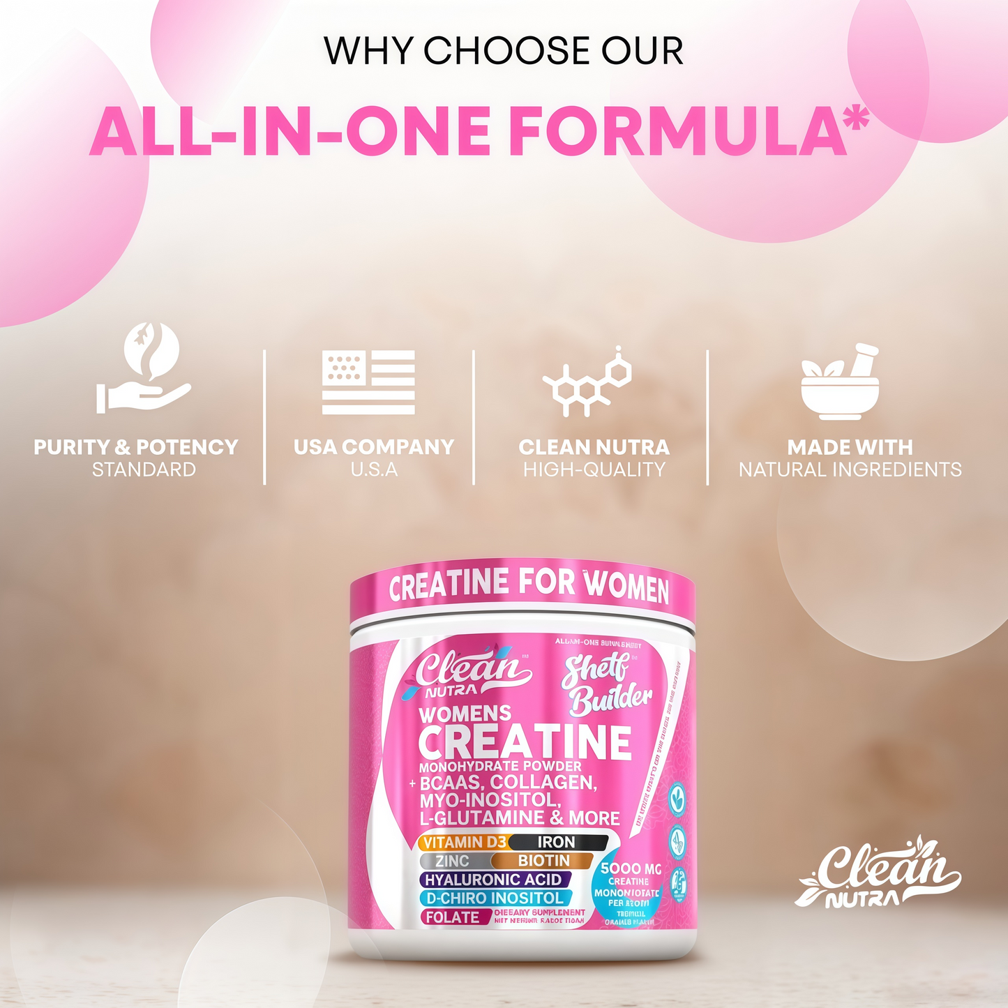 Creatine for Women | Creatine Monohydrate + BCAA Powder Myo-Inositol Collagen Biotin Hyaluronic Acid Folate L Glutamine Vitamin D3 Iron Zinc D-Chiro-Maca Digestion Shelf Builder by Clean Nutra